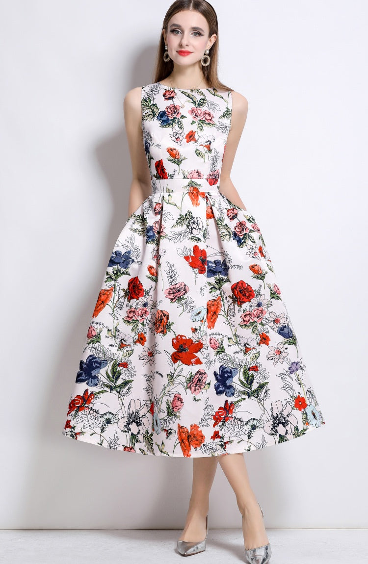 CM-DY044518 Women Elegant European Style Round Neck Sleeveless High Waist A-Line Dress