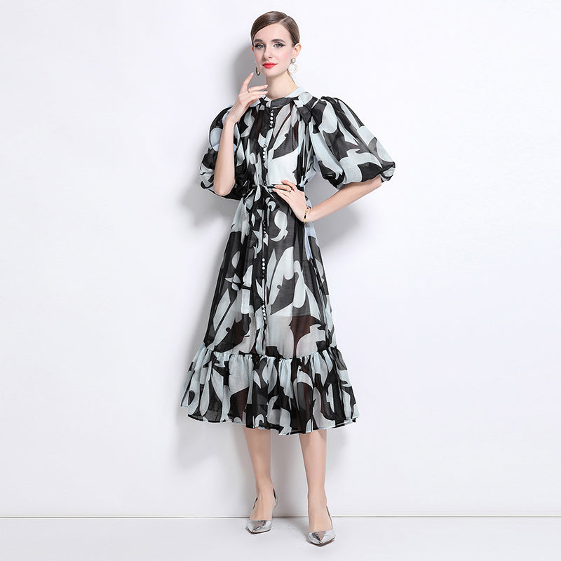 CM-DY044519 Women Elegant European Style Stand Collar Short Sleeve Mid-Length Dress (Available in 7 colors)