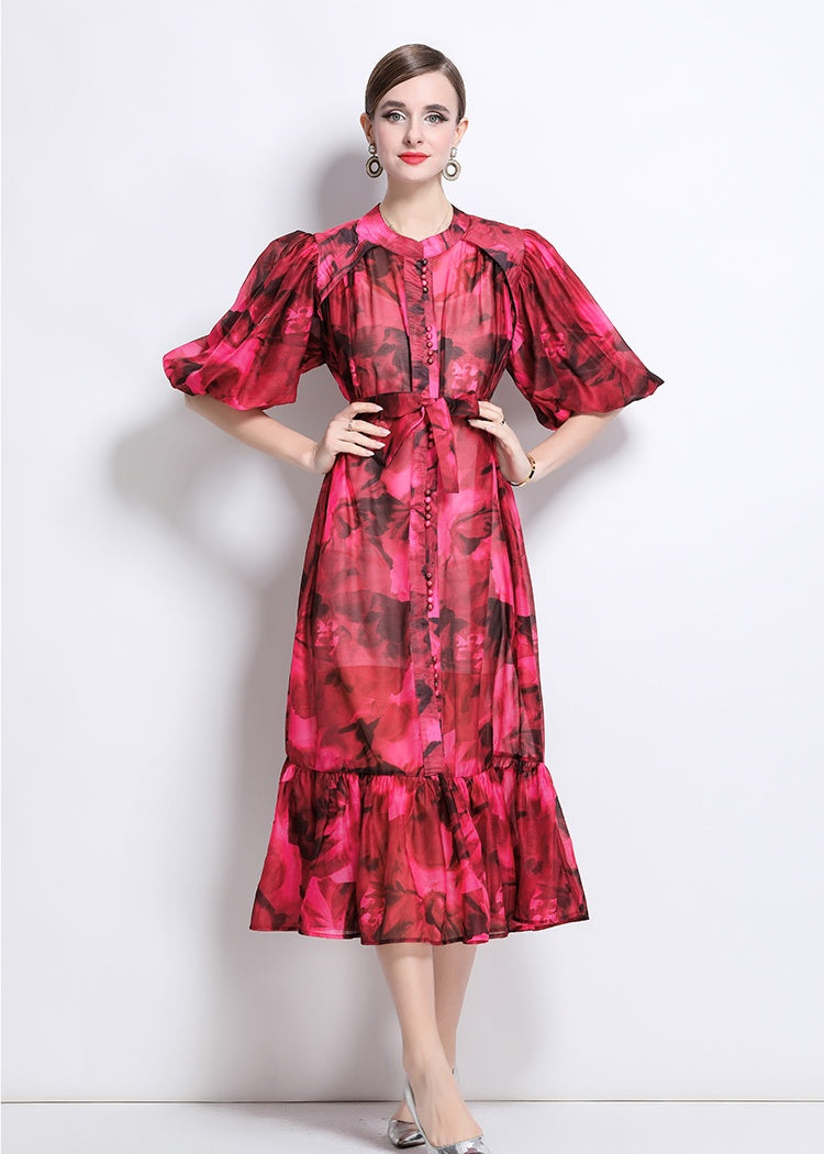CM-DY044519 Women Elegant European Style Stand Collar Short Sleeve Mid-Length Dress (Available in 7 colors)