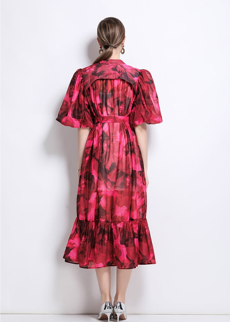 CM-DY044519 Women Elegant European Style Stand Collar Short Sleeve Mid-Length Dress (Available in 7 colors)