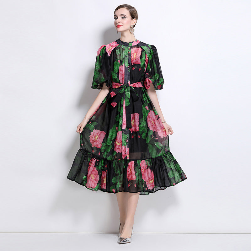 CM-DY044519 Women Elegant European Style Stand Collar Short Sleeve Mid-Length Dress (Available in 7 colors)
