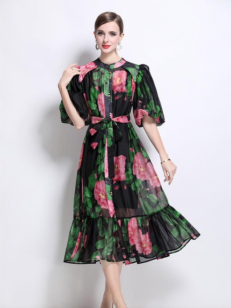 CM-DY044519 Women Elegant European Style Stand Collar Short Sleeve Mid-Length Dress (Available in 7 colors)