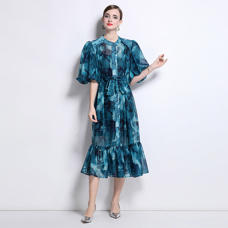 CM-DY044519 Women Elegant European Style Stand Collar Short Sleeve Mid-Length Dress (Available in 7 colors)