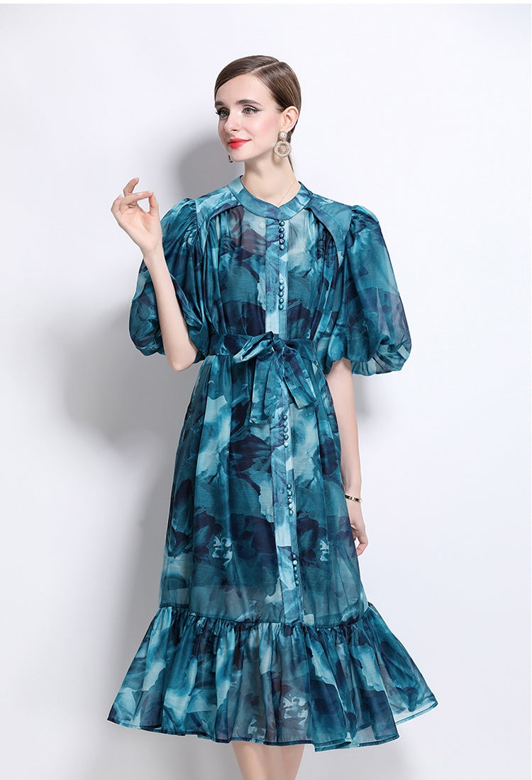CM-DY044519 Women Elegant European Style Stand Collar Short Sleeve Mid-Length Dress (Available in 7 colors)
