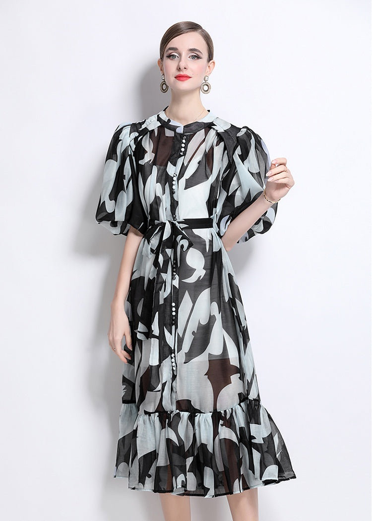 CM-DY044519 Women Elegant European Style Stand Collar Short Sleeve Mid-Length Dress (Available in 7 colors)
