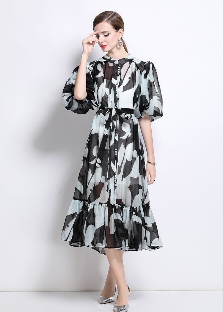 CM-DY044519 Women Elegant European Style Stand Collar Short Sleeve Mid-Length Dress (Available in 7 colors)
