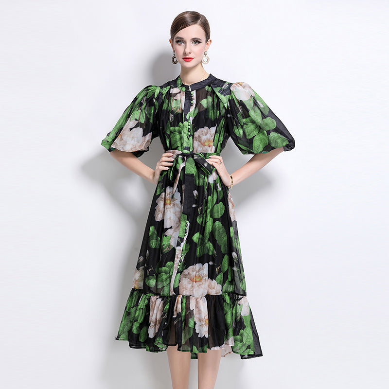 CM-DY044519 Women Elegant European Style Stand Collar Short Sleeve Mid-Length Dress (Available in 7 colors)