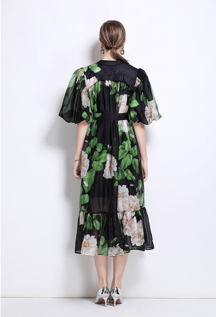 CM-DY044519 Women Elegant European Style Stand Collar Short Sleeve Mid-Length Dress (Available in 7 colors)