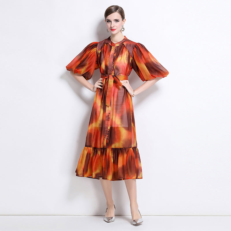 CM-DY044519 Women Elegant European Style Stand Collar Short Sleeve Mid-Length Dress (Available in 7 colors)