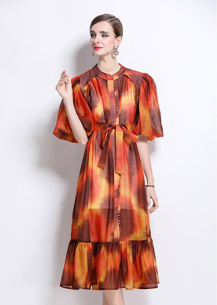 CM-DY044519 Women Elegant European Style Stand Collar Short Sleeve Mid-Length Dress (Available in 7 colors)