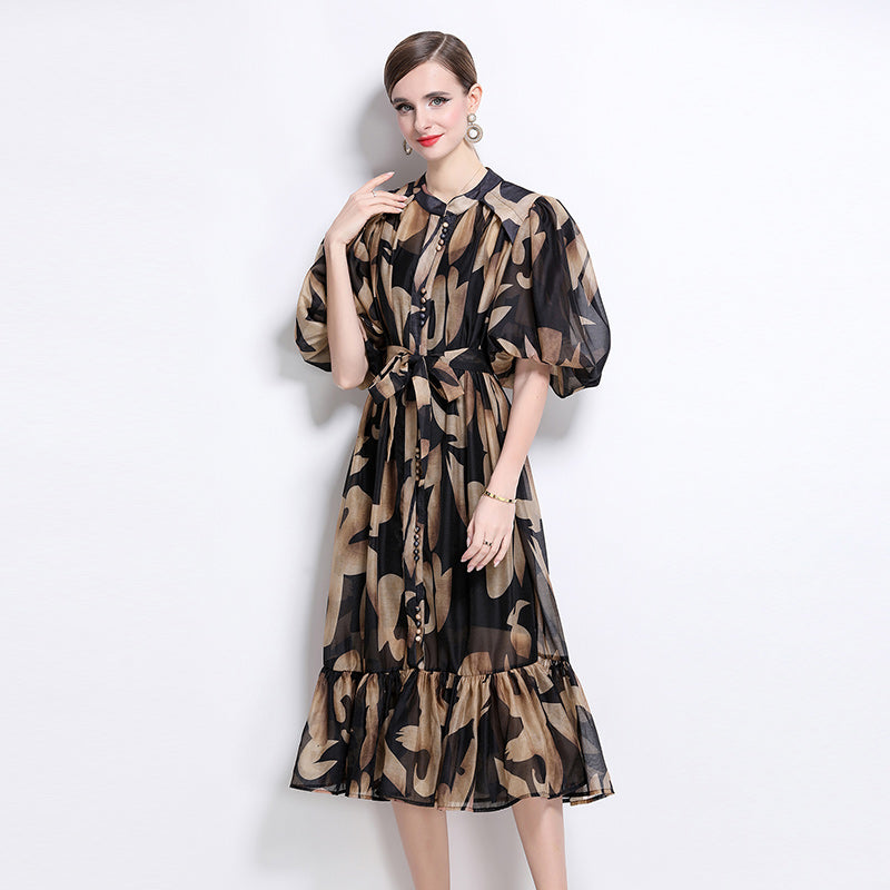 CM-DY044519 Women Elegant European Style Stand Collar Short Sleeve Mid-Length Dress (Available in 7 colors)