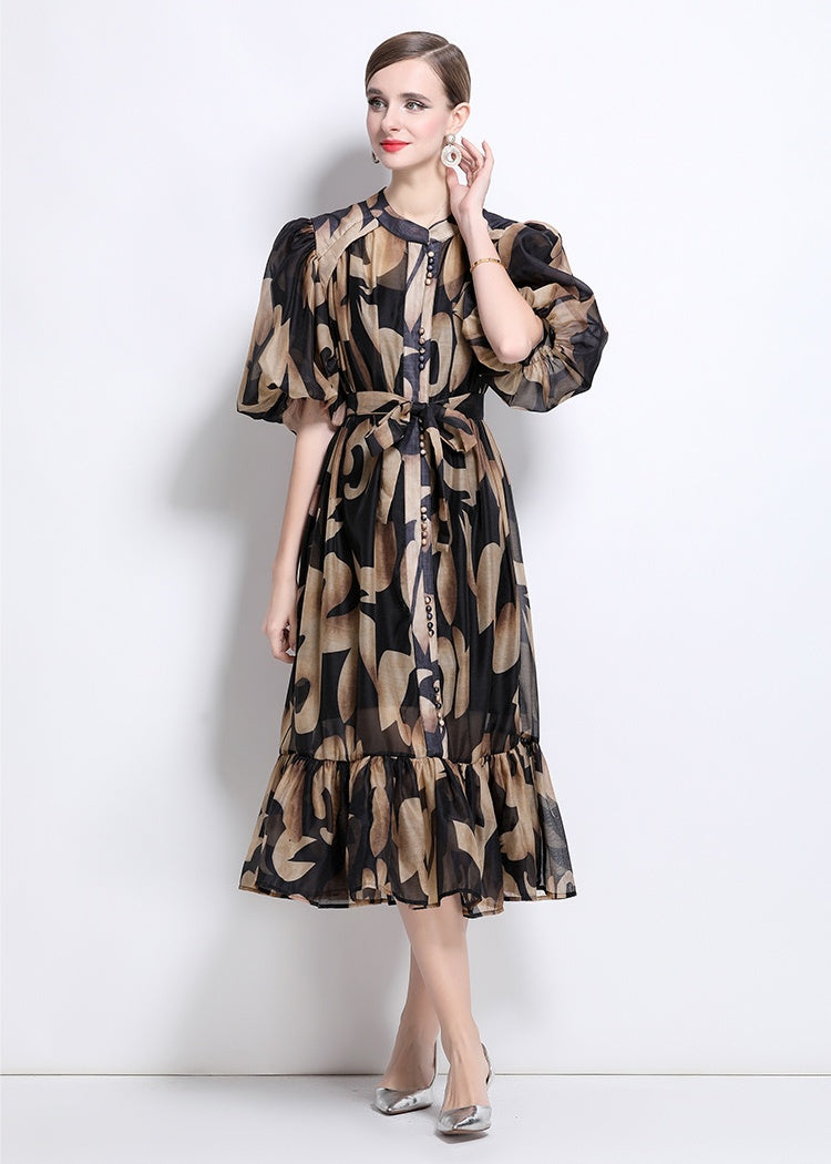CM-DY044519 Women Elegant European Style Stand Collar Short Sleeve Mid-Length Dress (Available in 7 colors)
