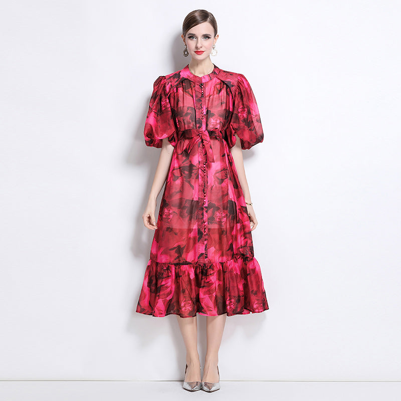 CM-DY044519 Women Elegant European Style Stand Collar Short Sleeve Mid-Length Dress (Available in 7 colors)