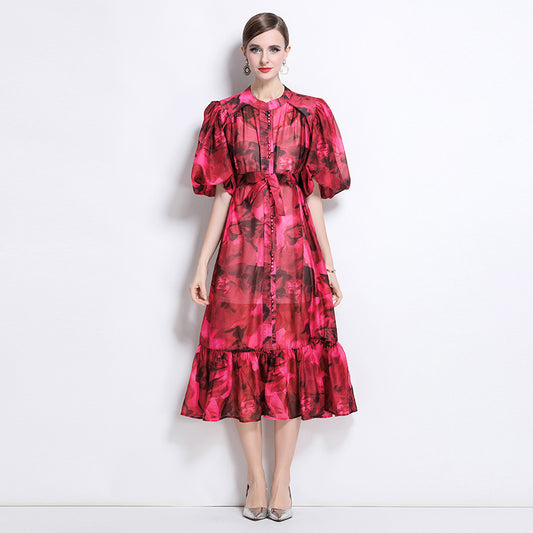 CM-DY044519 Women Elegant European Style Stand Collar Short Sleeve Mid-Length Dress (Available in 7 colors)
