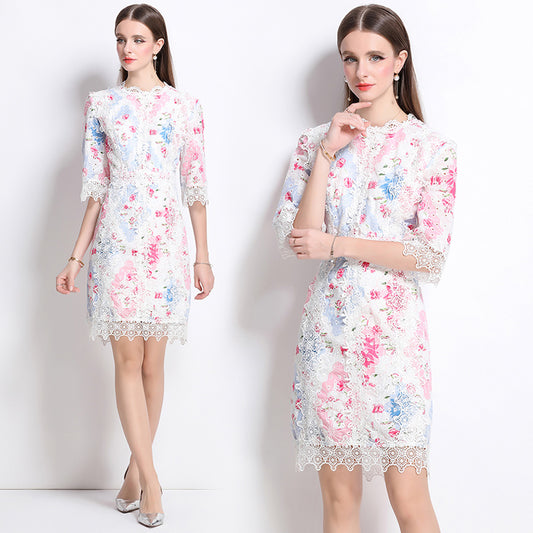 CM-DY044520 Women Elegant European Style Round Neck 3/4 Sleeve Embroidery A-Line Dress