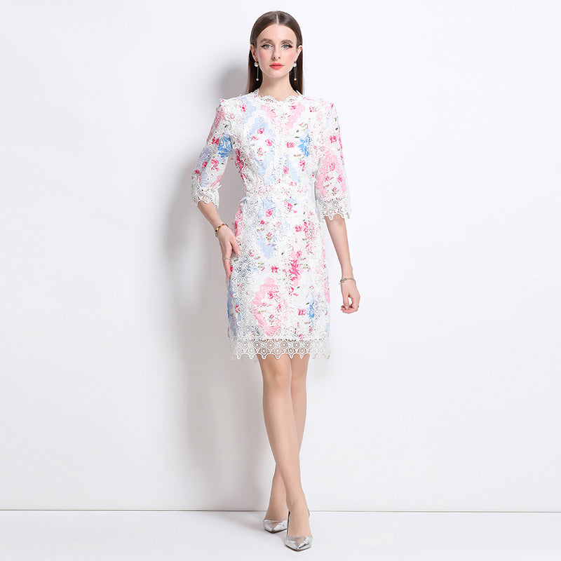 CM-DY044520 Women Elegant European Style Round Neck 3/4 Sleeve Embroidery A-Line Dress