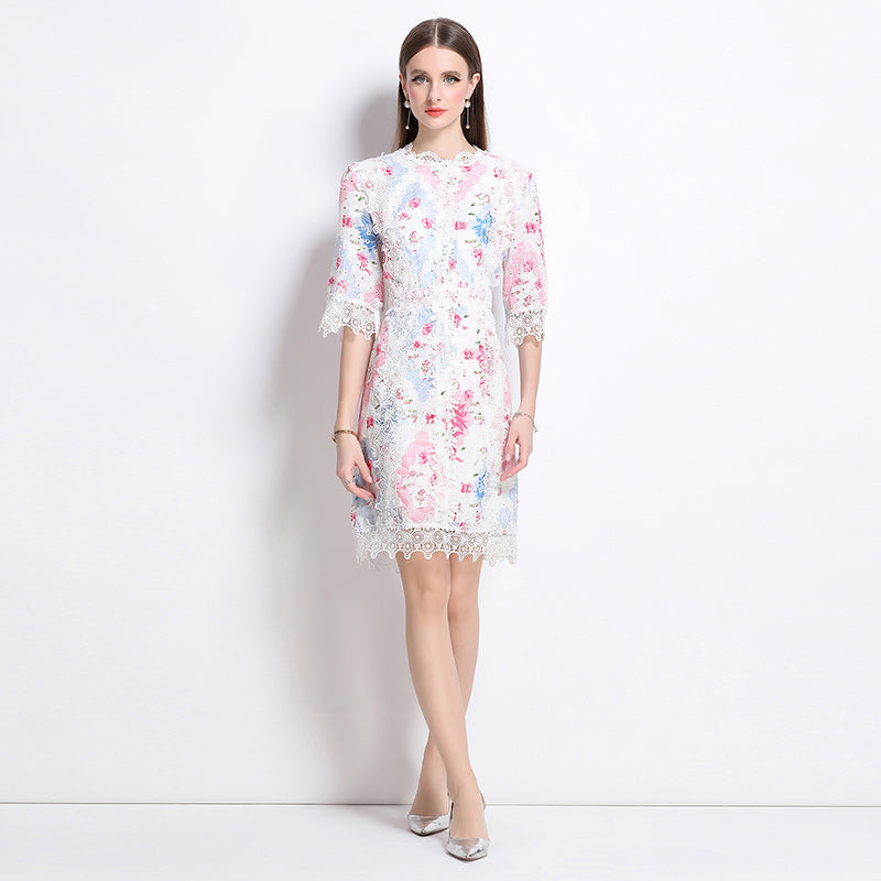 CM-DY044520 Women Elegant European Style Round Neck 3/4 Sleeve Embroidery A-Line Dress