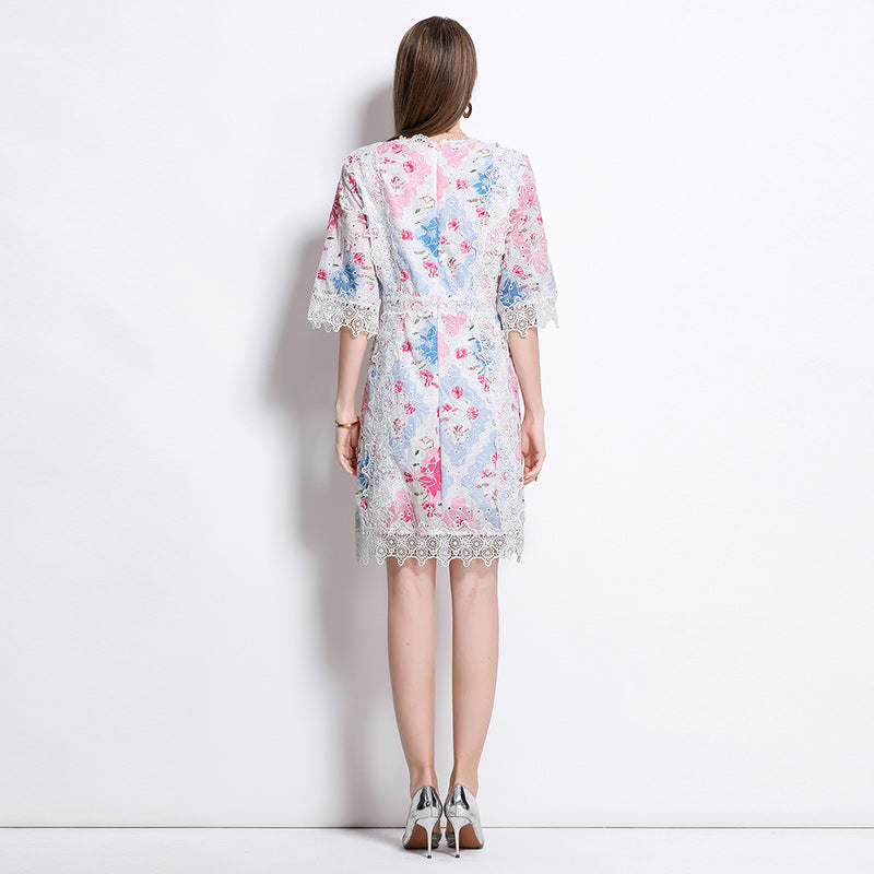 CM-DY044520 Women Elegant European Style Round Neck 3/4 Sleeve Embroidery A-Line Dress