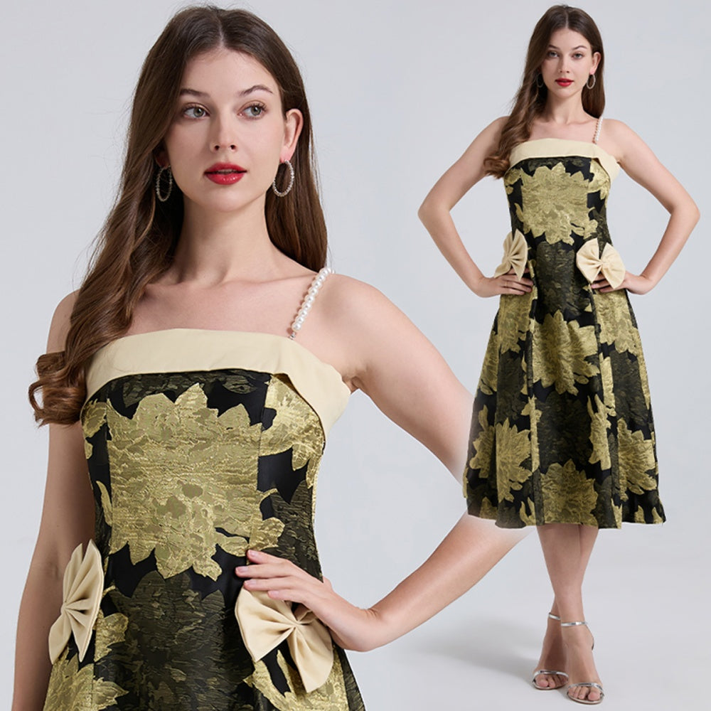 CM-DY044530 Women Elegant European Style Sleeveless Jacquard Bow Pinched Waist Midi Dress (Available in 2 colors)
