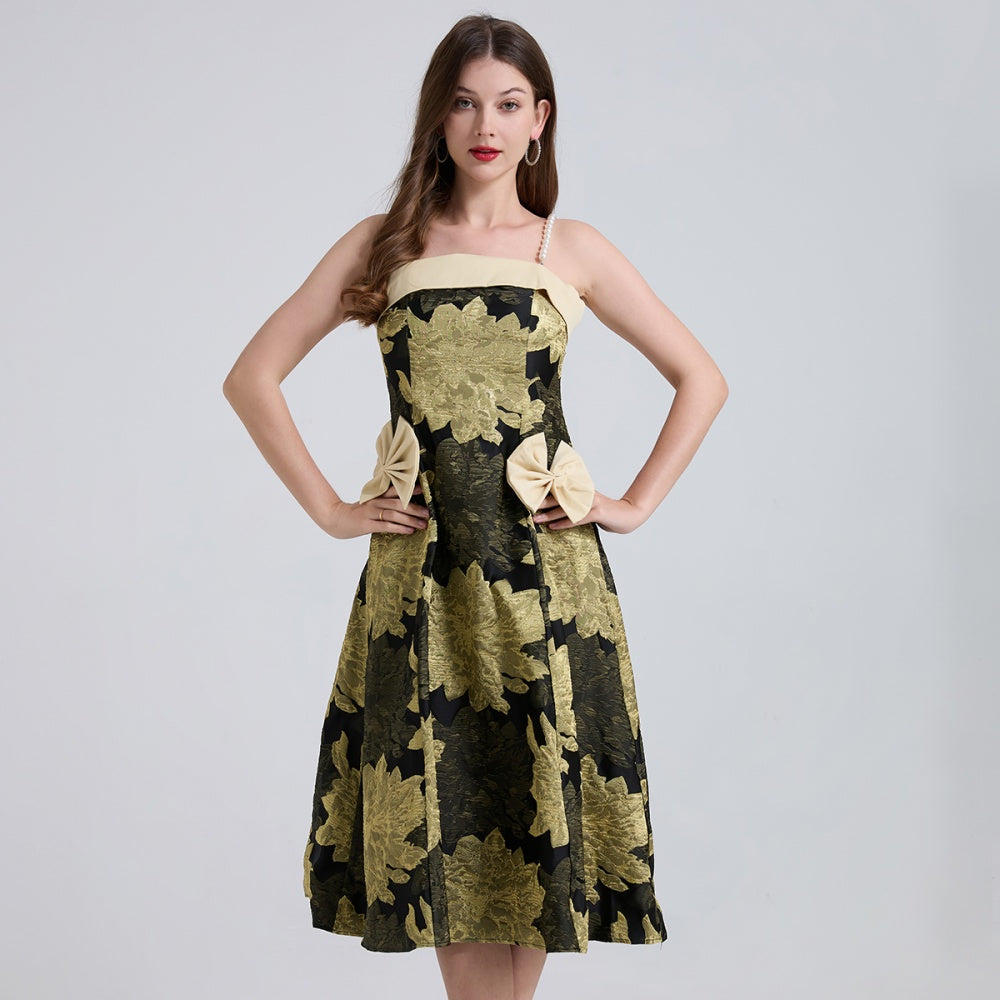 CM-DY044530 Women Elegant European Style Sleeveless Jacquard Bow Pinched Waist Midi Dress (Available in 2 colors)