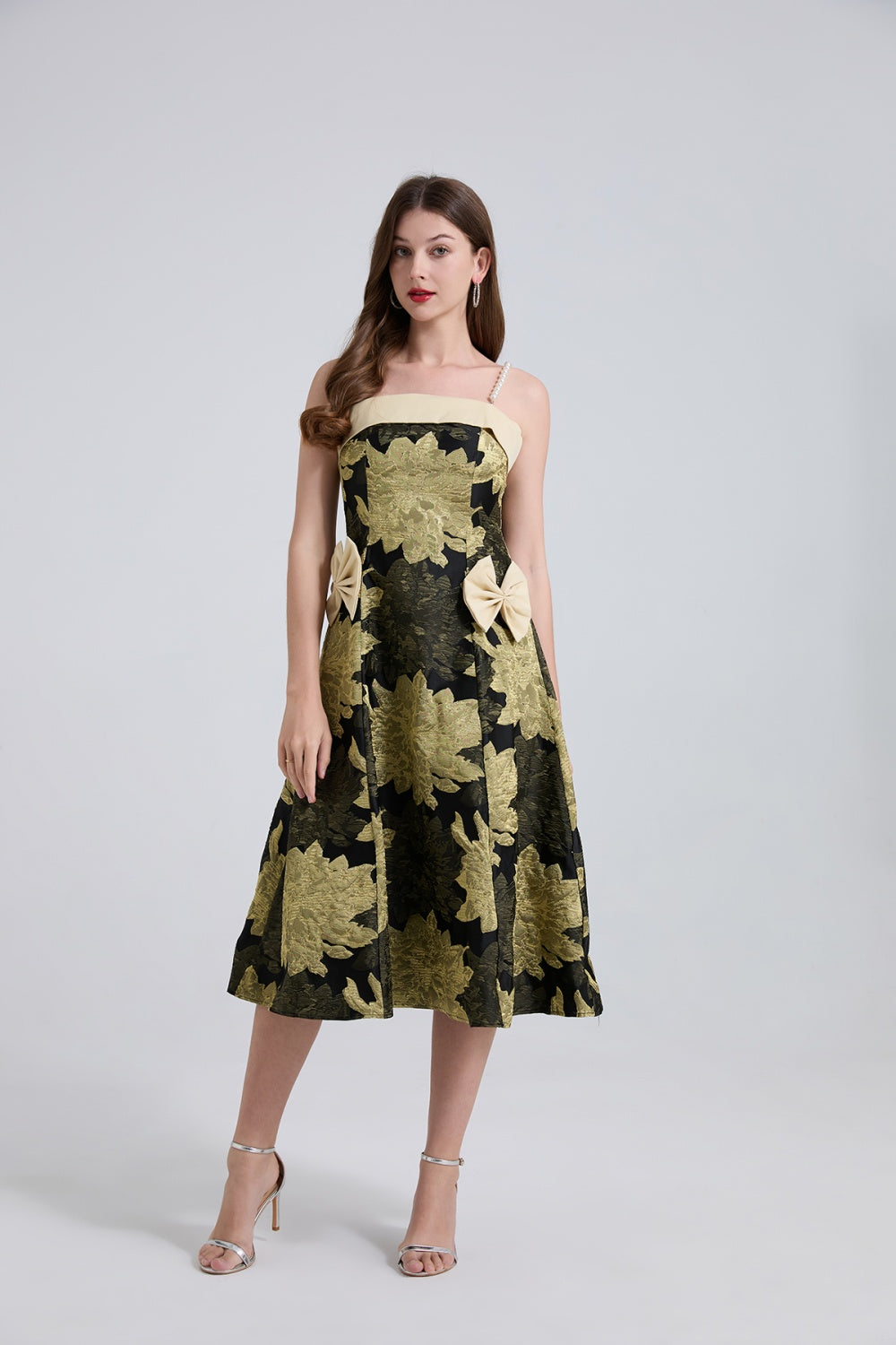CM-DY044530 Women Elegant European Style Sleeveless Jacquard Bow Pinched Waist Midi Dress (Available in 2 colors)