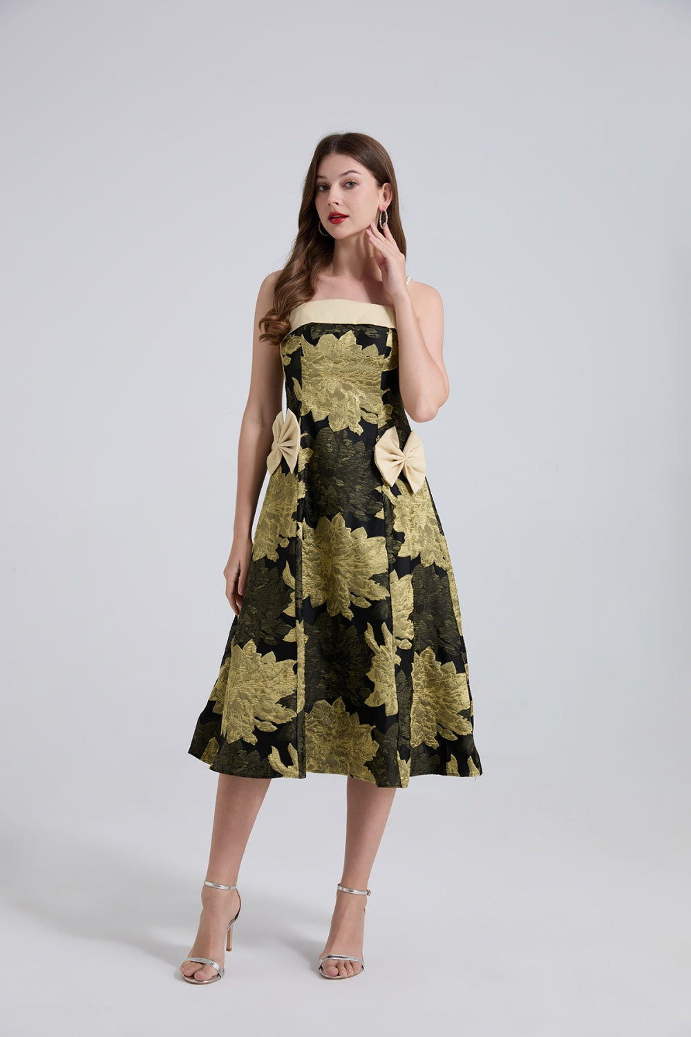 CM-DY044530 Women Elegant European Style Sleeveless Jacquard Bow Pinched Waist Midi Dress (Available in 2 colors)