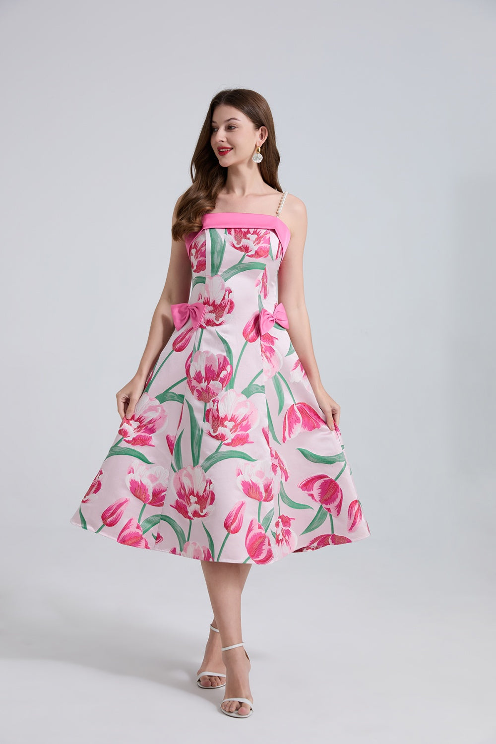 CM-DY044530 Women Elegant European Style Sleeveless Jacquard Bow Pinched Waist Midi Dress (Available in 2 colors)