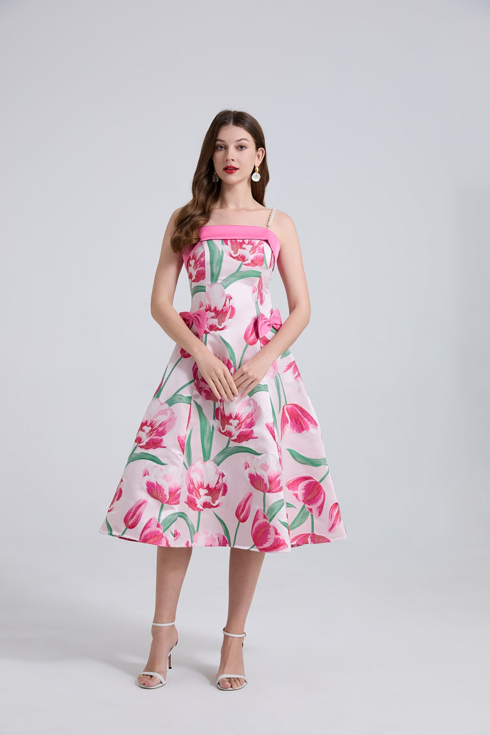 CM-DY044530 Women Elegant European Style Sleeveless Jacquard Bow Pinched Waist Midi Dress (Available in 2 colors)
