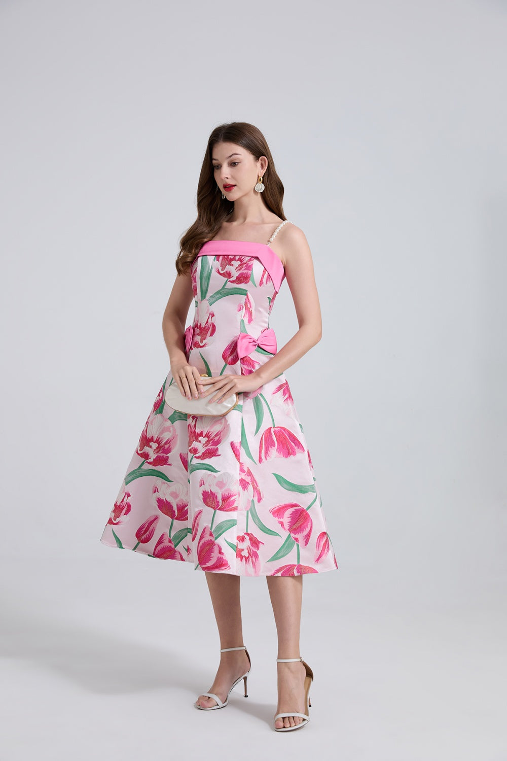 CM-DY044530 Women Elegant European Style Sleeveless Jacquard Bow Pinched Waist Midi Dress (Available in 2 colors)