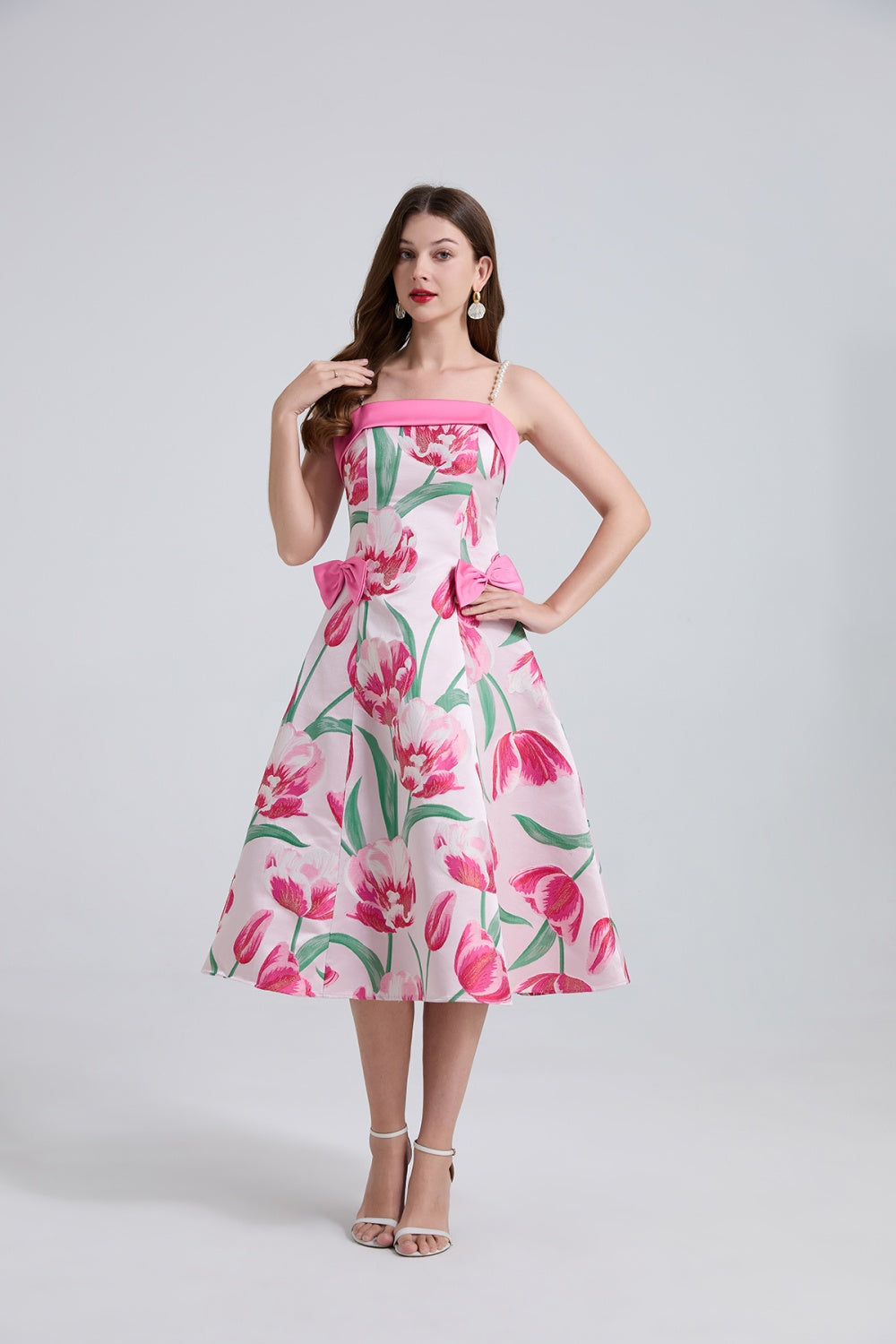 CM-DY044530 Women Elegant European Style Sleeveless Jacquard Bow Pinched Waist Midi Dress (Available in 2 colors)