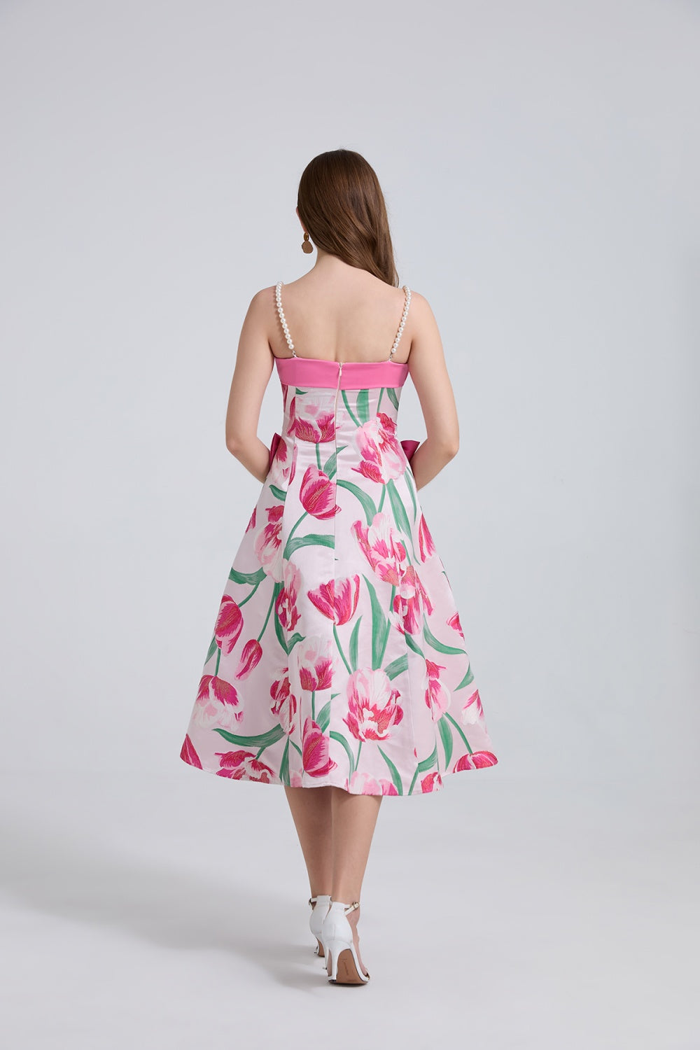 CM-DY044530 Women Elegant European Style Sleeveless Jacquard Bow Pinched Waist Midi Dress (Available in 2 colors)
