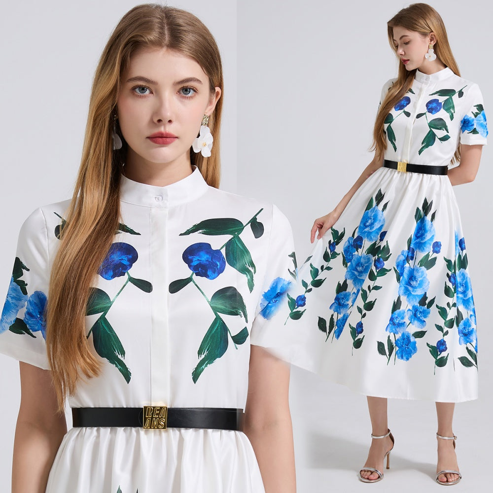 CM-DY044531 Women Elegant European Style Stand Collar Short Sleeve Floral Print A-Line Dress