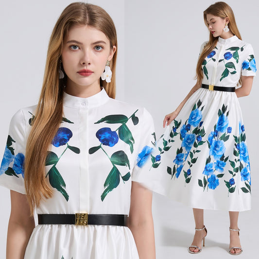 CM-DY044531 Women Elegant European Style Stand Collar Short Sleeve Floral Print A-Line Dress