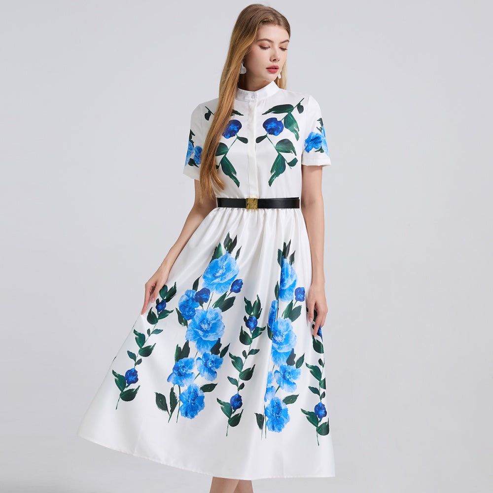 CM-DY044531 Women Elegant European Style Stand Collar Short Sleeve Floral Print A-Line Dress