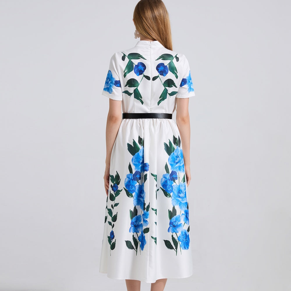 CM-DY044531 Women Elegant European Style Stand Collar Short Sleeve Floral Print A-Line Dress