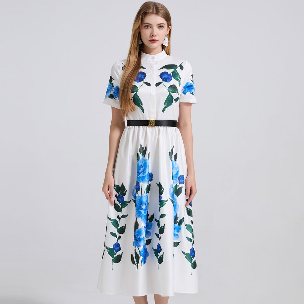 CM-DY044531 Women Elegant European Style Stand Collar Short Sleeve Floral Print A-Line Dress
