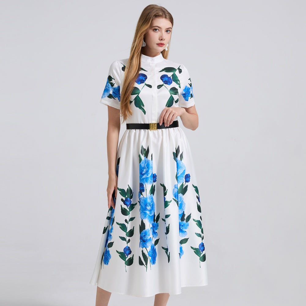 CM-DY044531 Women Elegant European Style Stand Collar Short Sleeve Floral Print A-Line Dress