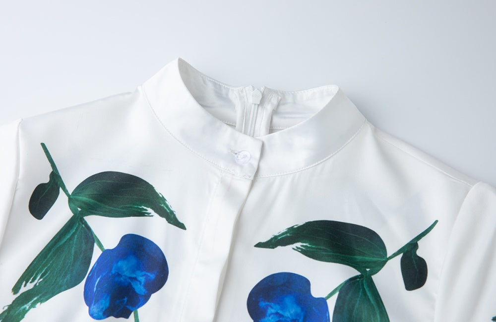 CM-DY044531 Women Elegant European Style Stand Collar Short Sleeve Floral Print A-Line Dress
