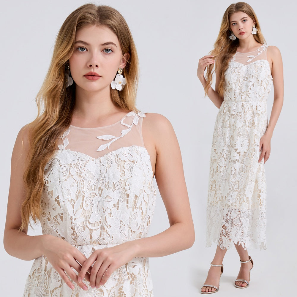 CM-DY044532 Women Elegant European Style Round Neck Sleeveless Gauze Lace Embroidery Midi Dress - White
