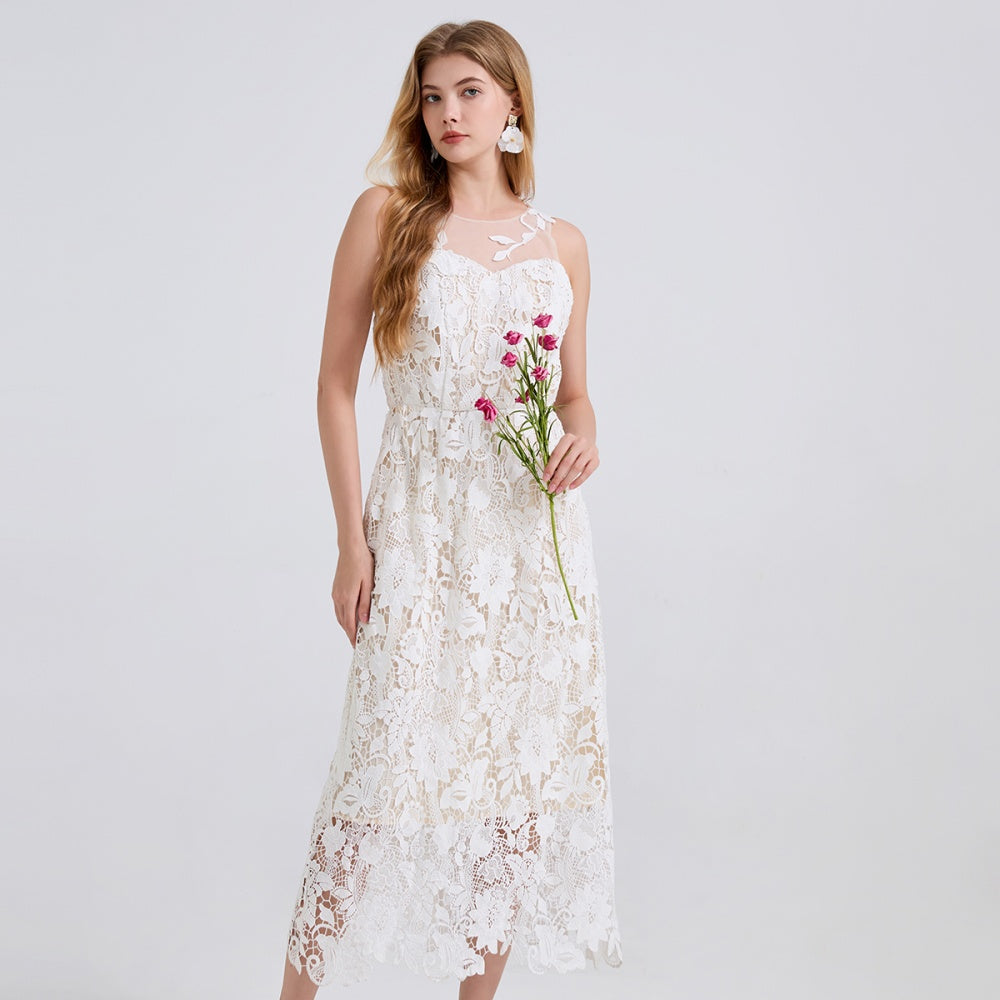 CM-DY044532 Women Elegant European Style Round Neck Sleeveless Gauze Lace Embroidery Midi Dress - White