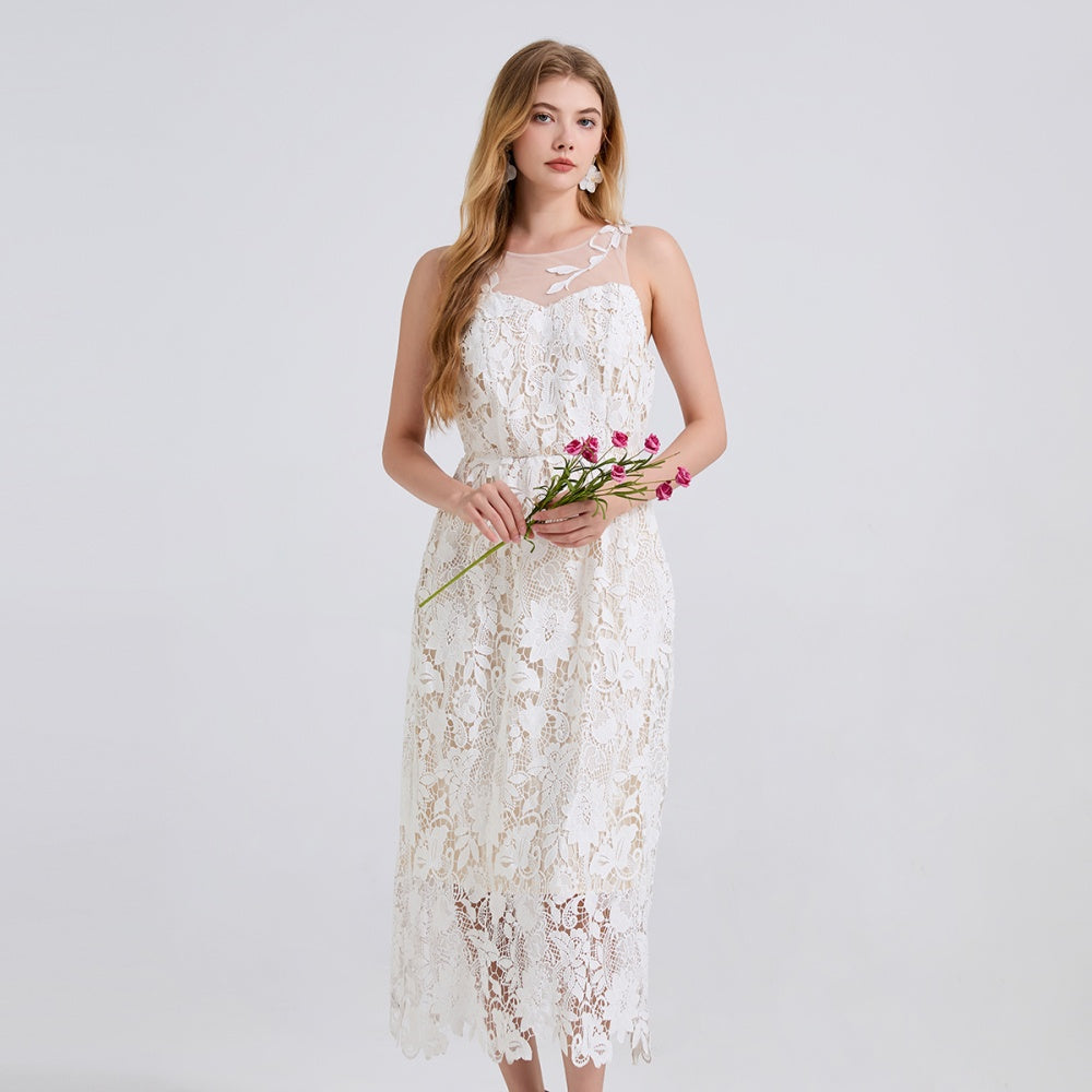 CM-DY044532 Women Elegant European Style Round Neck Sleeveless Gauze Lace Embroidery Midi Dress - White