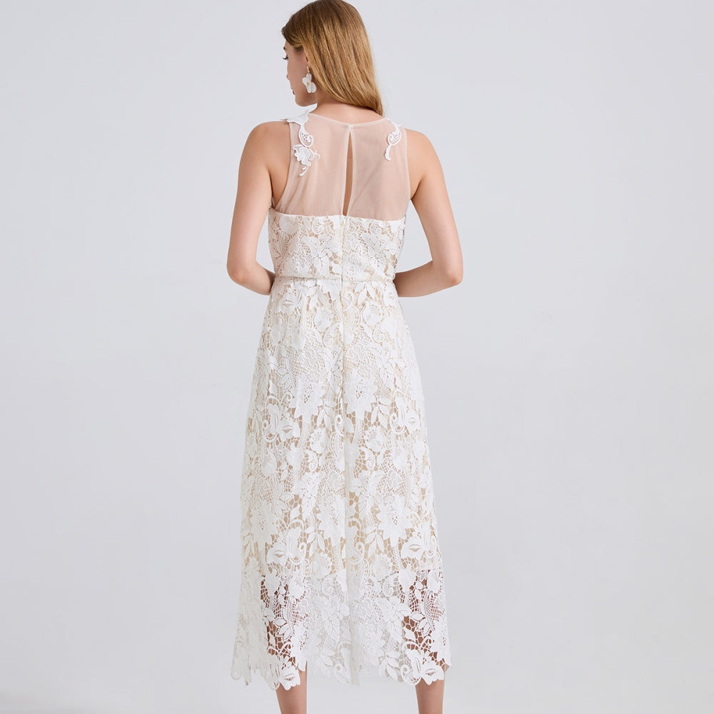 CM-DY044532 Women Elegant European Style Round Neck Sleeveless Gauze Lace Embroidery Midi Dress - White