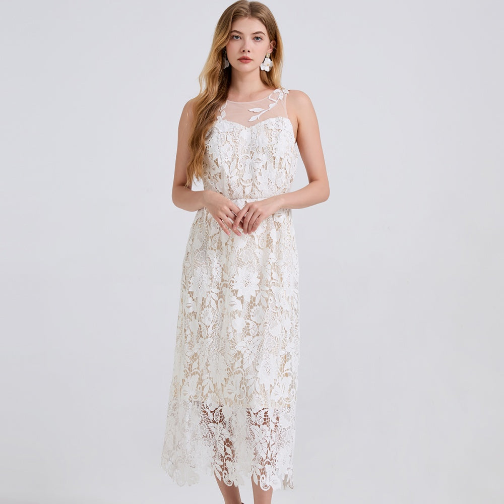 CM-DY044532 Women Elegant European Style Round Neck Sleeveless Gauze Lace Embroidery Midi Dress - White