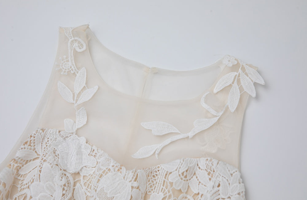 CM-DY044532 Women Elegant European Style Round Neck Sleeveless Gauze Lace Embroidery Midi Dress - White