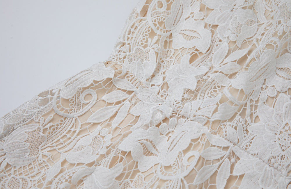 CM-DY044532 Women Elegant European Style Round Neck Sleeveless Gauze Lace Embroidery Midi Dress - White