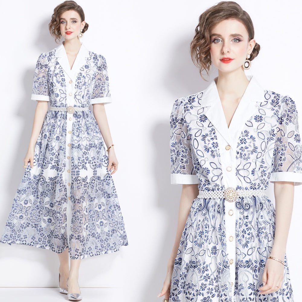 CM-DY044594 Women Elegant European Style Collar Neckline Short Sleeve Gauze Single-Breasted Long Dress