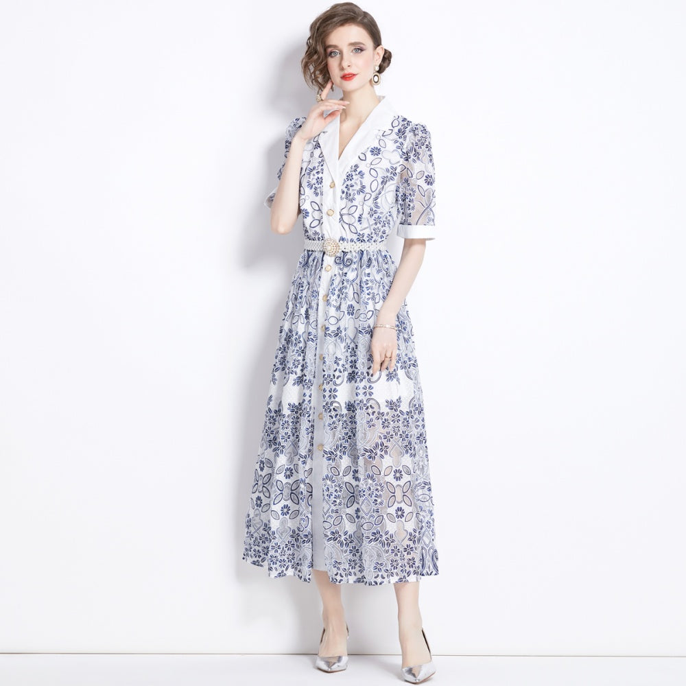 CM-DY044594 Women Elegant European Style Collar Neckline Short Sleeve Gauze Single-Breasted Long Dress