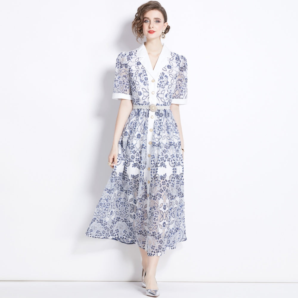 CM-DY044594 Women Elegant European Style Collar Neckline Short Sleeve Gauze Single-Breasted Long Dress