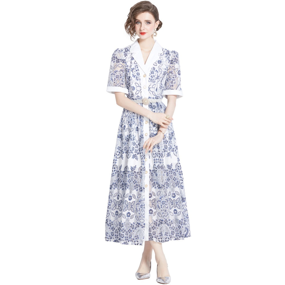 CM-DY044594 Women Elegant European Style Collar Neckline Short Sleeve Gauze Single-Breasted Long Dress