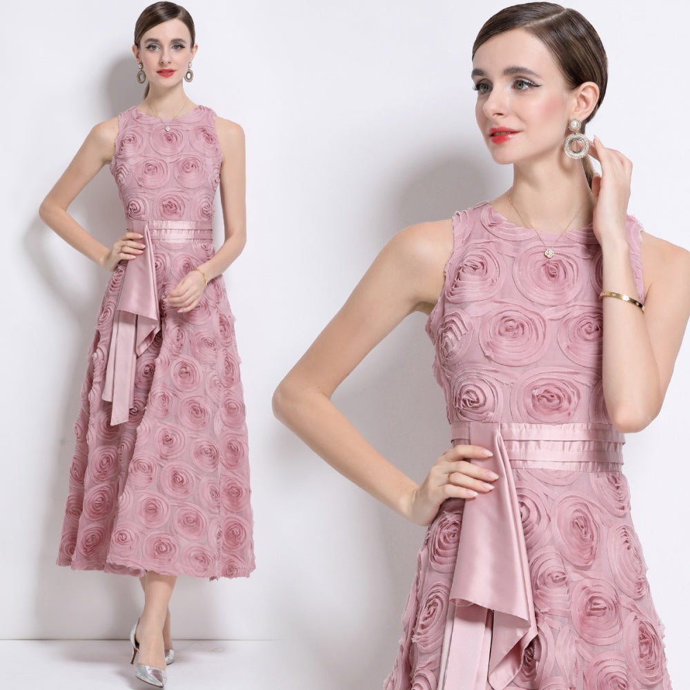 CM-DY044595 Women Elegant European Style Floral Decor Round Neck Sleeveless A-Line Dress - Pink